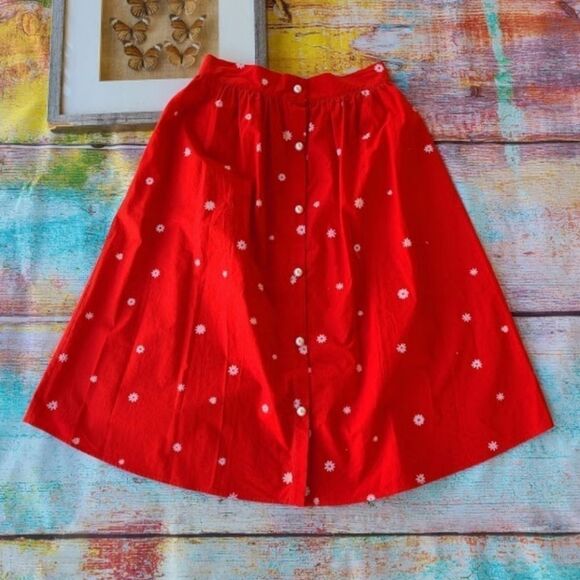 Ban.do Red Easy Button Up Daisy Floral A-line Pocket Cotton Midi Skirt S/M - Picture 3 of 9